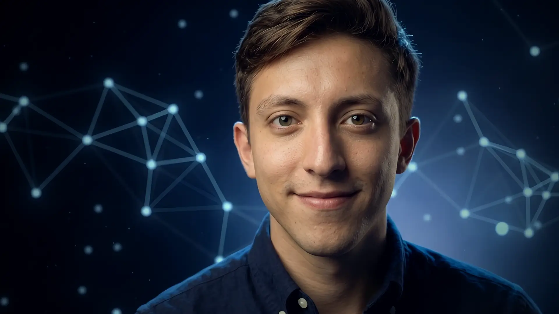 Nicolás Osorio in close-up, surrounded by a glowing network of connected nodes