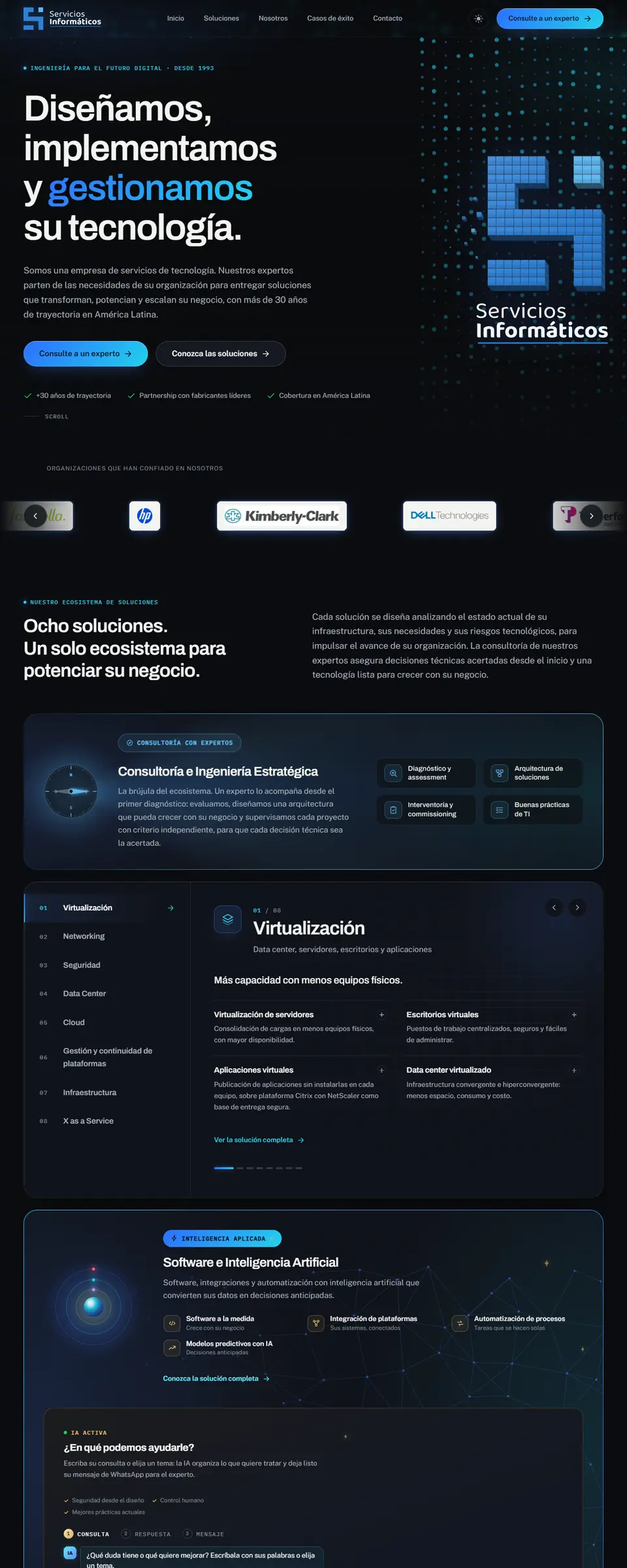 Homepage of serviciosinformaticos.com.co, the site with the AI assistant
